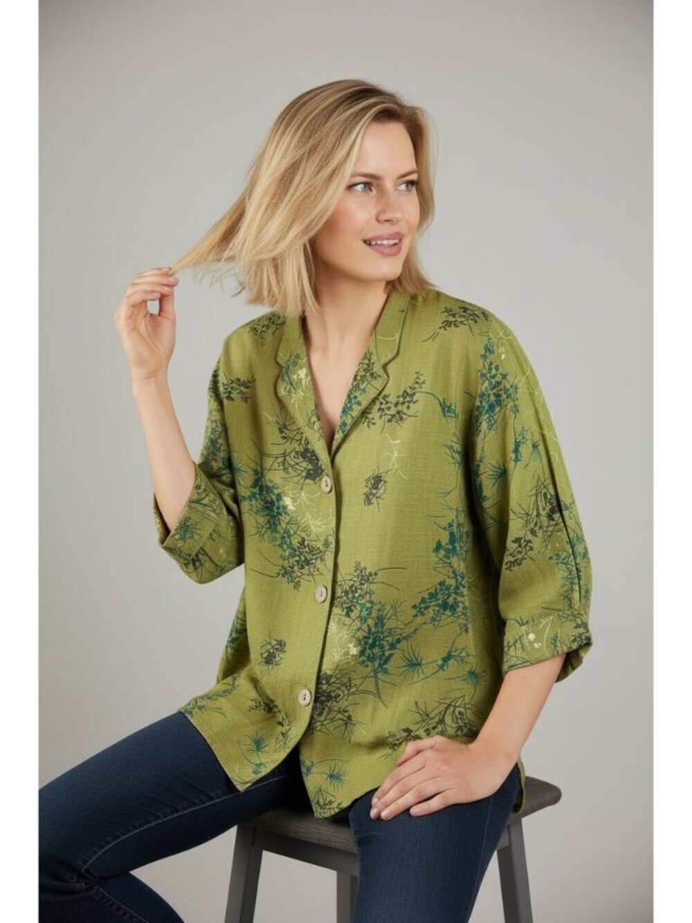 Silhouettes Olive Green Linen Blend Botanical Print Woven Shirt Relaxed Fit XL